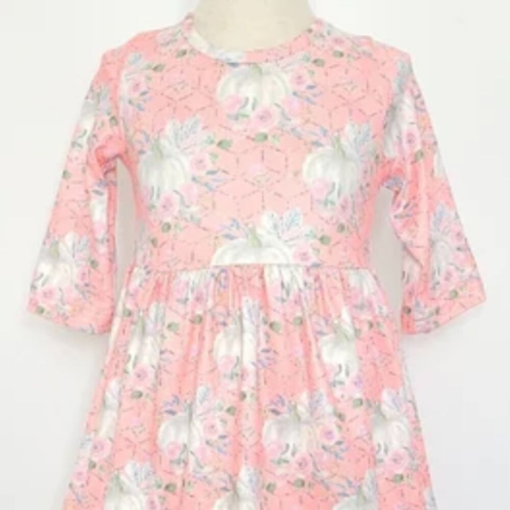 Clover Cottage  Girls Dress Pink glitzy pumpkin floral fall dress comfort &style